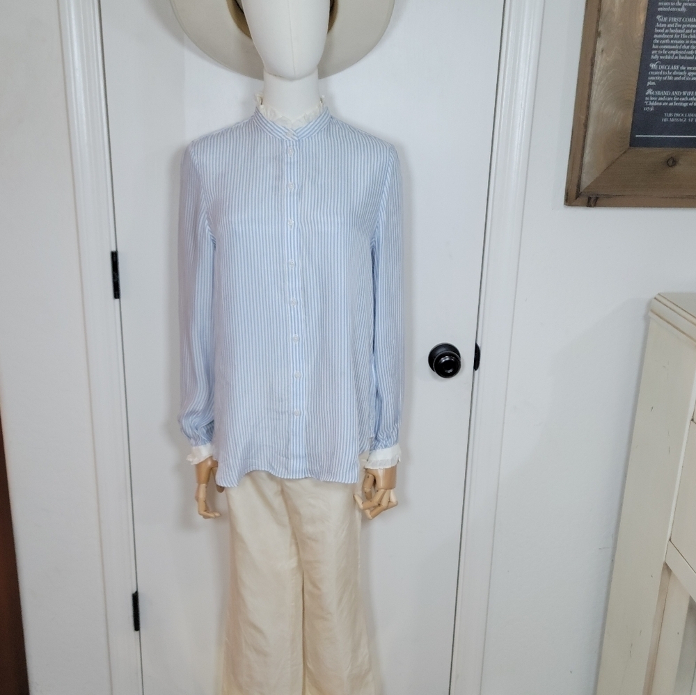 J. Crew Blue & White Striped Cupro Blend Button-Up Shirt Ruffle Trim Size Small